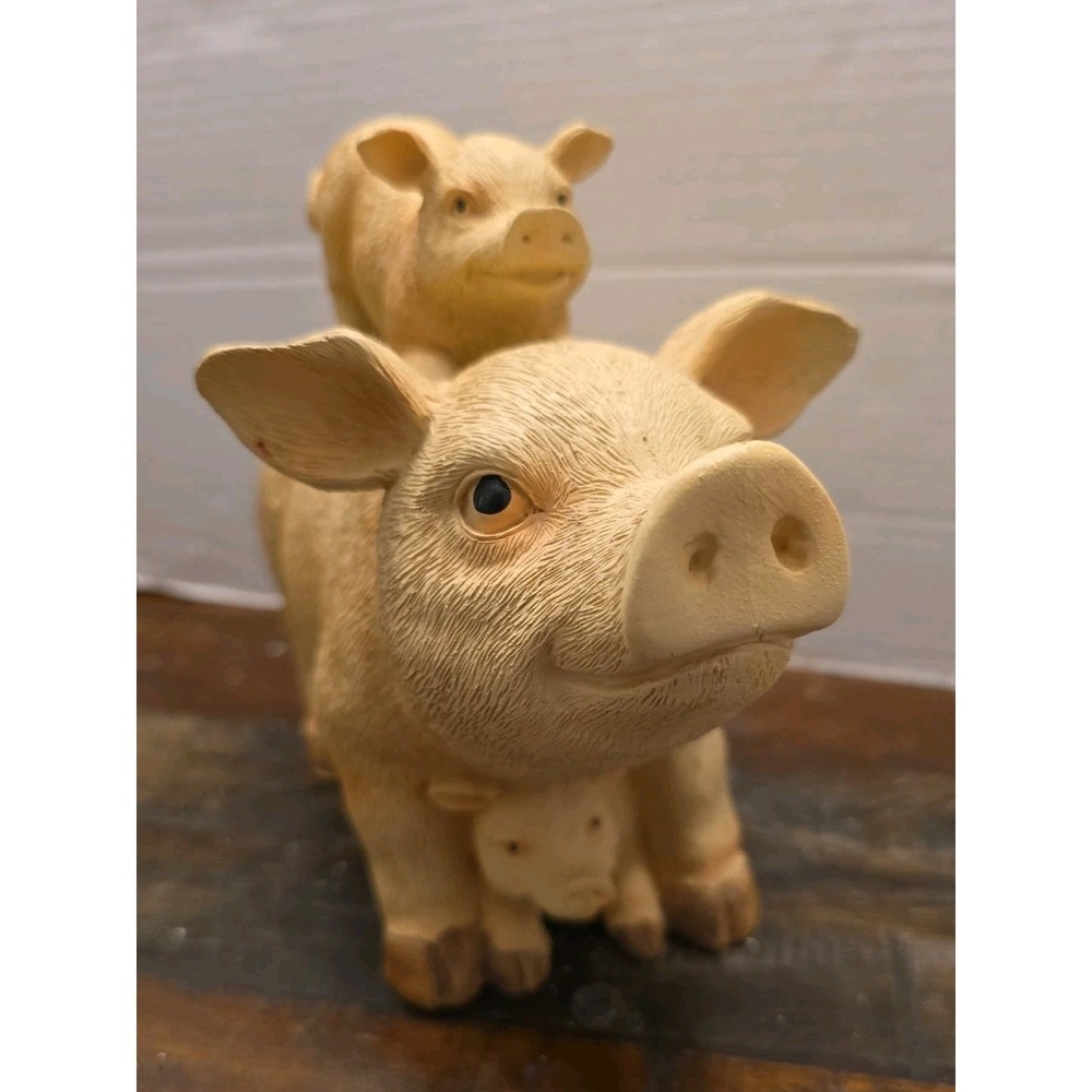 Vtg Country Farmhouse Resin Pig Family Figurine Large 9" Stacked Piglets